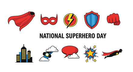 National Superhero Day graphic with icons cape mask lightning shield fist city rocket speech bubble explosion flying hero © Agung