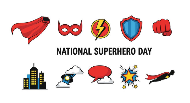 National Superhero Day graphic with icons cape mask lightning shield fist city rocket speech bubble explosion flying hero
