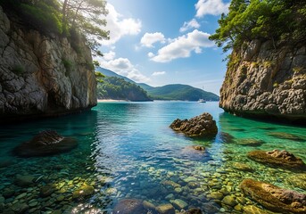 Idyllic bay with crystal clear water and a sailboat