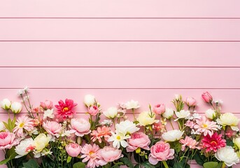 Spring flowers border on pink wooden background