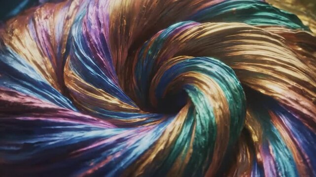 Vibrant multicolored twisted fabric forms a mesmerizing swirling vortex pattern