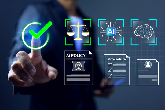 AI management system concept or ISO IEC 42001 with a businessman pointing to tick on checkmark to approve artificial intelligence policy to implement a part of company works