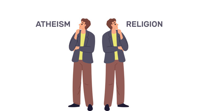 Man thinking about atheism and religion in a cartoon illustration style