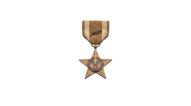 Bronze star medal with V emblem on transparent background