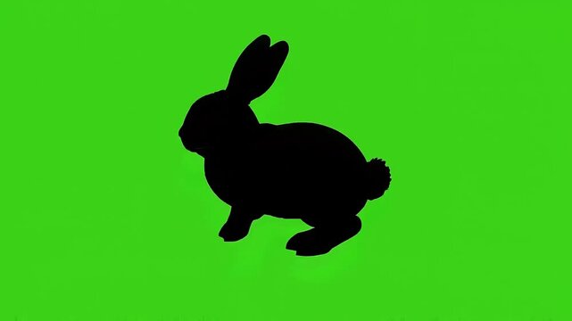 Black rabbit silhouette hopping and running on green screen background