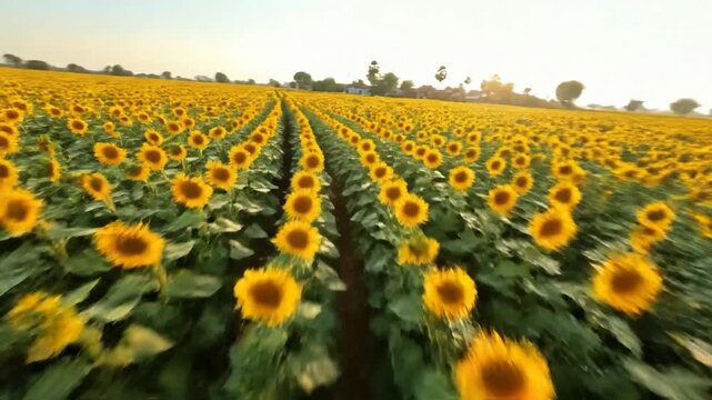 Vast field of vibrant sunflowers stretching towards the horizon under a clear