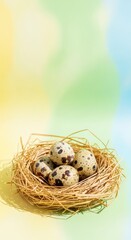 Obraz premium Farm fresh speckled hen eggs nestled in straw, celebrating the spring season and the traditional customs of the joyful Easter holiday, pastel, baking, organic