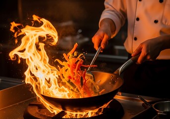 Fototapeta premium Chef cooking vegetables in wok with flames