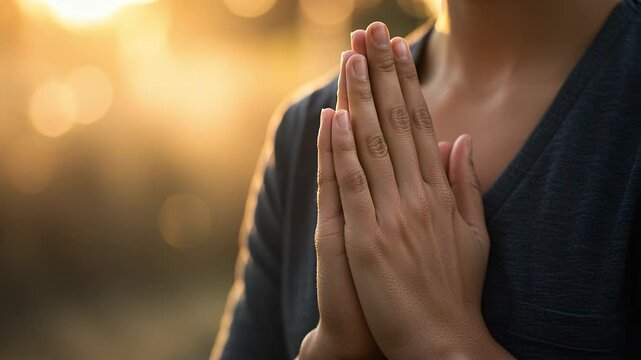 Close-up of woman with hands together on her chest practicing meditation or yoga while taking deep breaths during sunrise, camera slowly orbiting to the left. Gratitude and inner peace concept