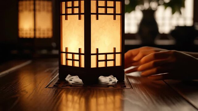 A Gentle Hand Touches a Traditional Glowing Asian Lantern in a Serene, Dimly Lit Room at Night.