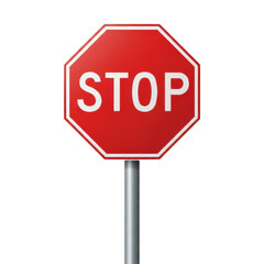 Obraz premium Red stop sign with white text isolated on transparent background