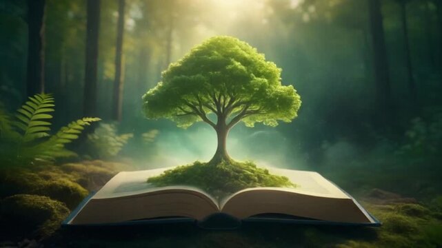 Magical Tree of Knowledge Grows from Open Book in Enchanted Forest.
