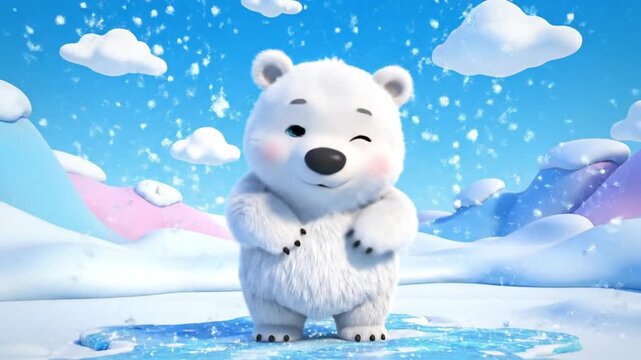 Cartoon polar bear with open arms in a winter wonderland scene
