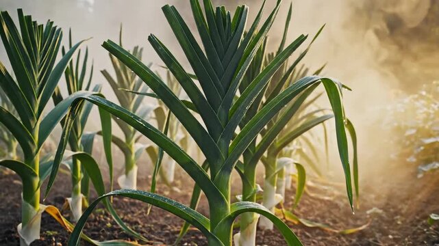 Tall leek plants with white stems and vibrant green tops growing in a misty garden field