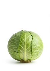 Fototapeta premium Whole fresh green cabbage isolated on a bright white background. Crisp texture and healthy leaves showcase natural organic produce, white background, crisp, harvest