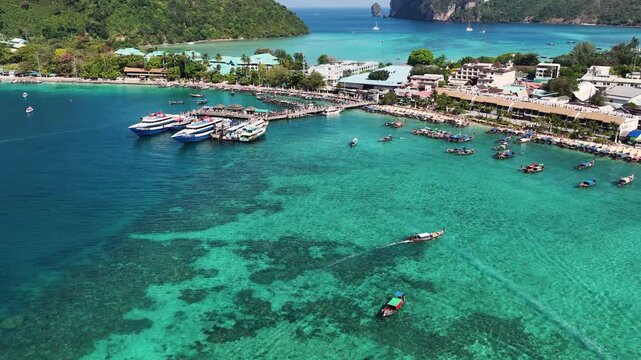 Aerial View of Phi Phi Don Pier with Boats and Turquoise Water
