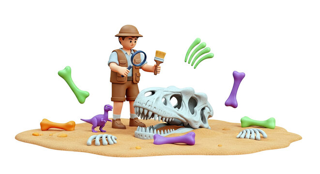 Cartoon Archaeologist Discovering Dinosaur Bones