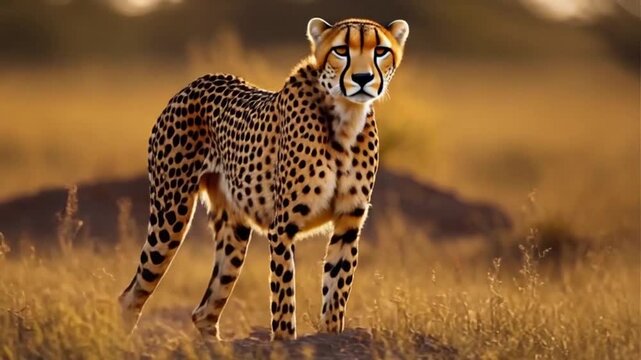 Majestic Cheetah Stalks Through Dry Grasslands at Sunset.