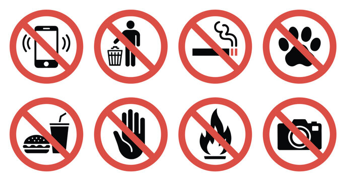 Prohibited icons set, showcasing clear no cell phone, no litter, no smoking, no pets, no food, no fire, and no photography symbols.