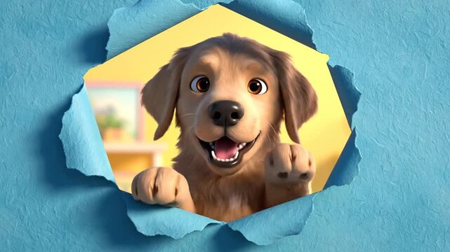 Cartoon puppy emerging from torn paper vibrant colors and cheerful expression