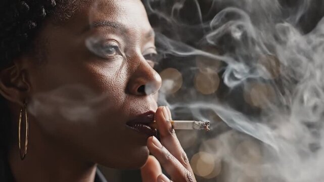 dramatic close up portrait of a woman smoking cigarette atmospheric smoke movement soft cinematic lighting dark bokeh background shallow depth of field realistic skin texture calm intimate mood film g