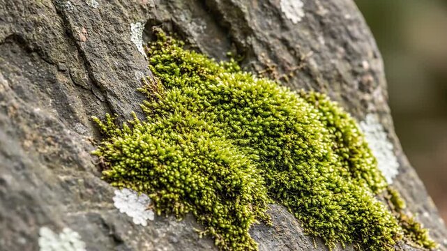 Vibrant chartreuse moss clings tenaciously to a weathered grey stone surface, showcasing natural growth and texture