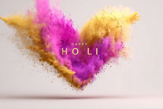 A vibrant Holi celebration with colorful powder exploding in a heart shape