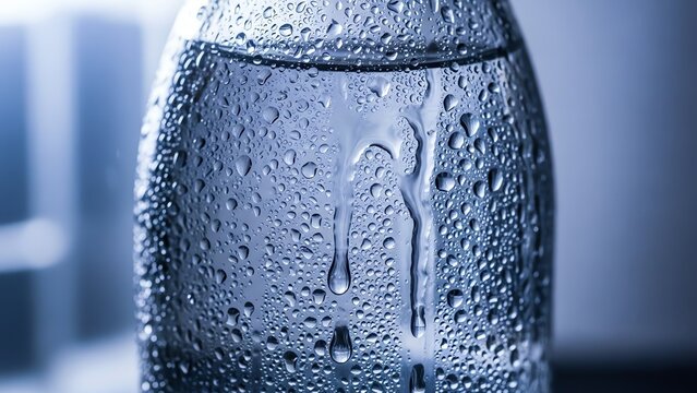 Cold water bottle with condensation droplets and running streaks on a blue background.