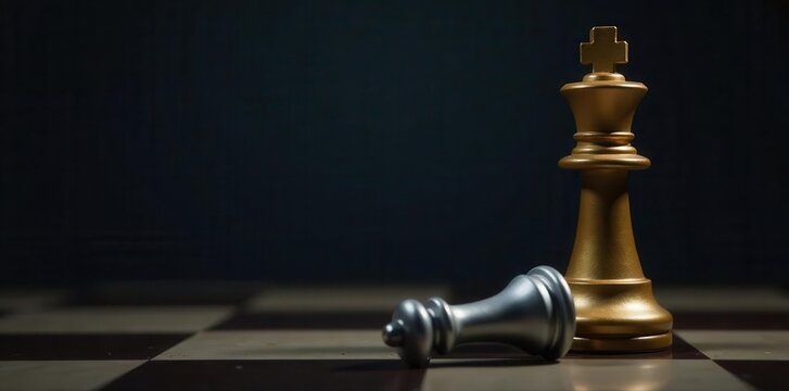 Golden chess king dominates defeated silver pawn on dark background , gold, pawn, black