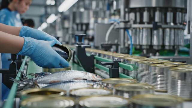 Factory worker hands in gloves processing fresh fish into cans on conveyor belt