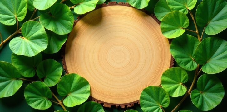 Moringa leaves backdrop, circular wooden cut-out, organic, leaves, shadow