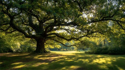 Fototapeta premium Majestic Ancient Oak Tree Bathed in Golden Sunlight.
