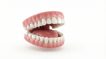 Obraz premium Realistic 3D rendering of a full set of dentures with pink gums, white teeth, and a tongue, isolated on a clean white background.