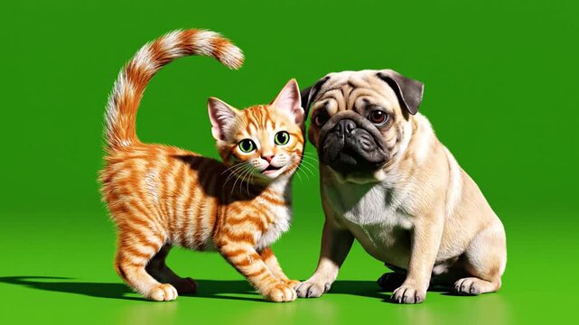 Cat and pug dog facing each other on green background in studio