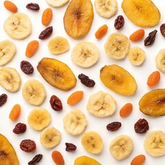 Assorted dried fruits including banana apricot and raisin on white background