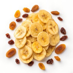 assorted dried fruits and banana chips on white background