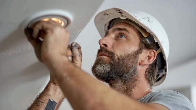 A worker inserts a lighting fixture into the ceiling hole with care.