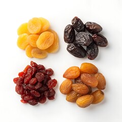 Assorted dried fruits including apricots dates raisins and golden raisins white background