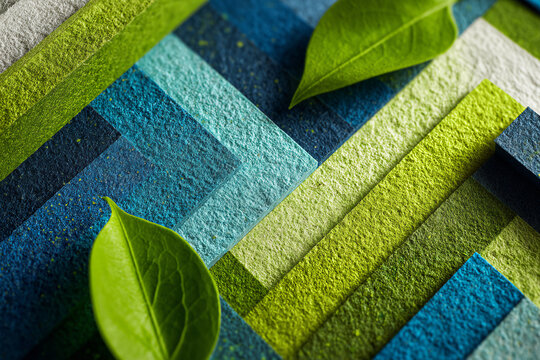 Textured recycled paper stacks with leaves for sustainability concept