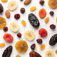 Assorted dried fruits and nuts scattered on a white background