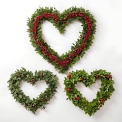Three beautiful heart shaped wreaths with green leaves and red berries white background