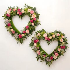 beautiful floral heart shaped decorations with pink and white roses white background