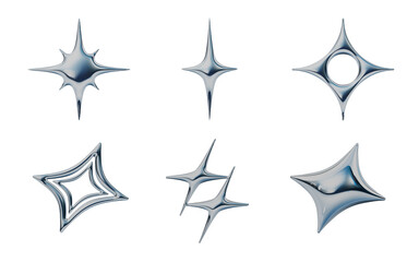 様々な種類のシルバーのキラキラマーク。ぷっくりしたY2Kスタイルのメタリックな3Dアイコン。輝くデコレーションスタンプの挿絵素材
