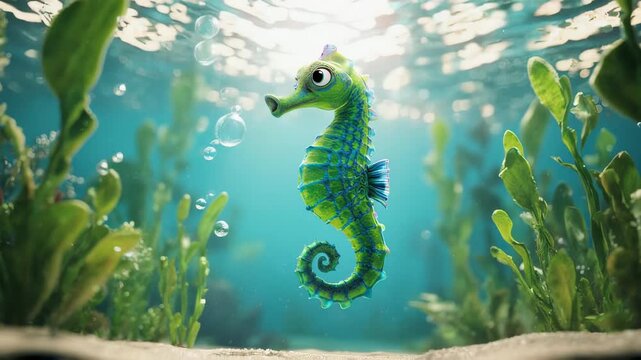 A whimsical green seahorse with large eyes swims near the ocean floor amidst lush aquatic plants and shimmering sunlight filtering through the water