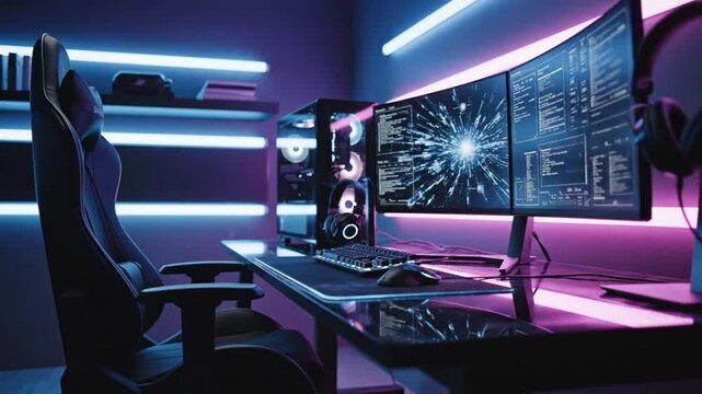 futuristic gaming room interior filled with neon blue purple and pink led lighting modern gaming desk with sleek computer tower ergonomic gaming chair mechanical keyboard premium headphones and large 