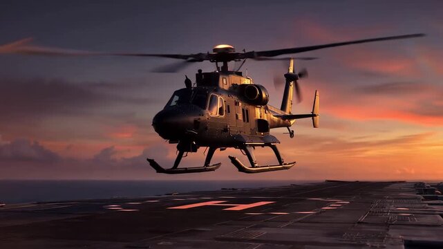 A Military Helicopter Takes Off Against a Stunning Sunset, Showcasing Its Powerful Design and the Endless Sea Below, Representing Advanced Aerial Capabilities and Technology.