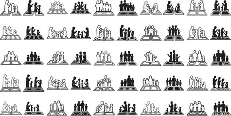 Obraz premium black and white icons of people standing or sitting on laptops computer in various poses and group sizes
