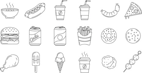 Fast food and snack icon set with burgers drinks fries donuts ice cream and sausages isolated line vector illustration
