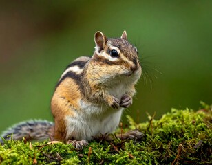 Fototapeta premium Close-up of a small rodent with striped back, perched on mossy log, set against a blurred green backdrop. It appears curious