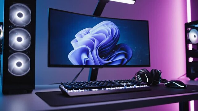 modern futuristic gamer room interior with glowing neon lights blue purple pink tones sleek pc tower mechanical keyboard headphones and curved monitors abstract digital visuals soft ambient lighting c